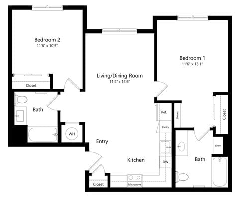 Floor plan for 2 beds, 2 baths, 865 sqft